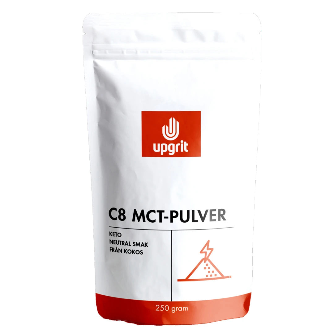 Upgrit C8 MCT-pulver 250 g förpackad i en stilren vit påse med röda detaljer.