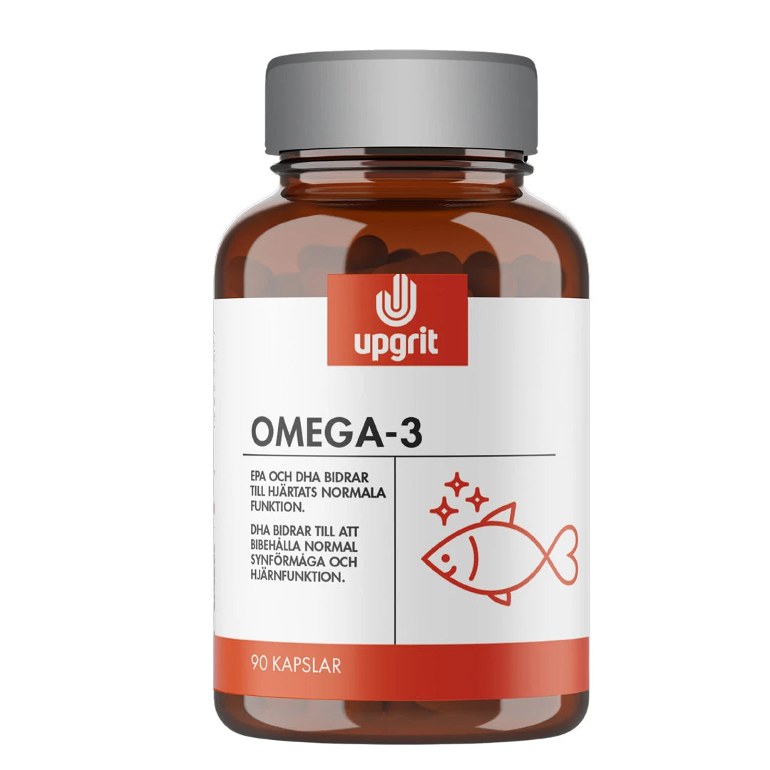Upgrit Omega-3 90 caps i en mörkbrun burk med silverlock, vit etikett med röda detaljer och en fiskillustration.