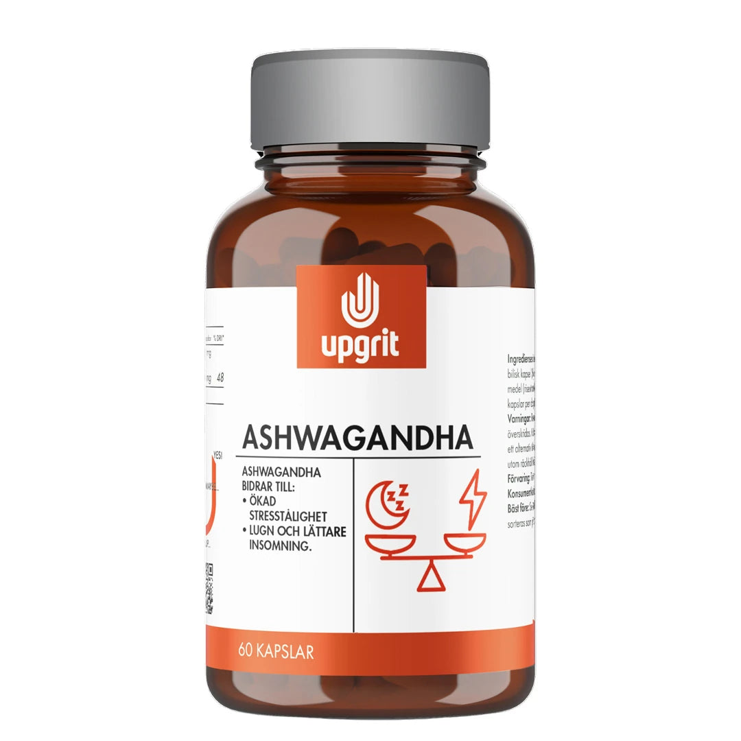 Upgrit Ashwaganda 60 caps i en brun burk med vit och orange etikett, för ökad stresstålighet.