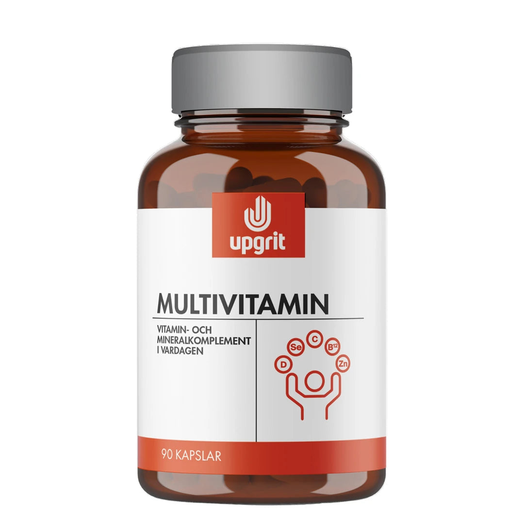 Upgrit Multivitamin 90 caps förpackad i en mörkbrun burk med grått lock och vit etikett med röda detaljer.