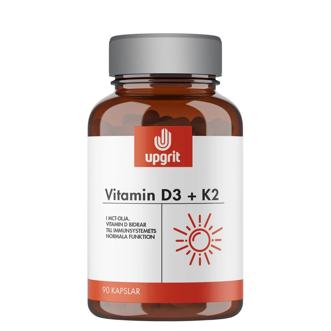 Upgrit Vitamin D3 + K2 90 caps i en brun burk med silverfärgat lock, vit etikett och en röd solsymbol.
