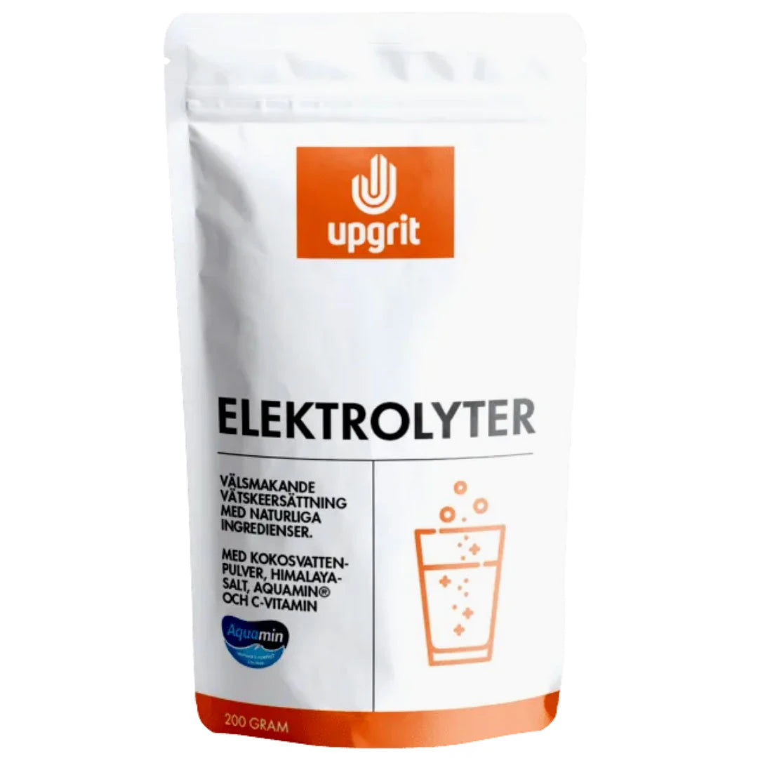 Upgrit Elektrolyter 200 g elektrolytpulver förpackad i en vit påse med orange detaljer.