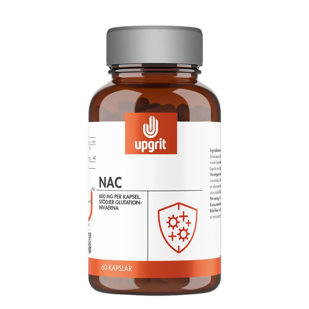 Upgrit NAC 60 caps kosttillskott i en mörkbrun burk med grått lock, vit etikett och orange detaljer.