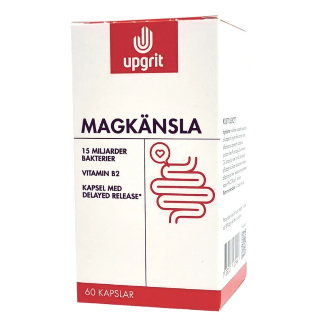Upgrit Magkänsla Mjölksyrabakterier 60 caps i en vit kartong med röd logotyp och illustration för maghälsa.
