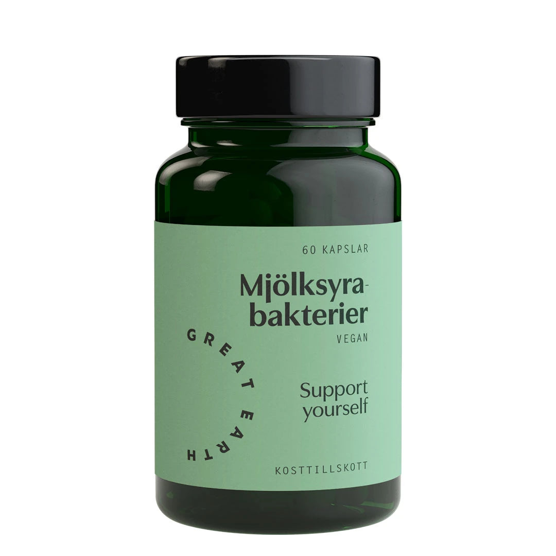 Great Earth Mjölksyrabakterier 60 caps kosttillskott i en mörkgrön plastburk med ljusgrön etikett.