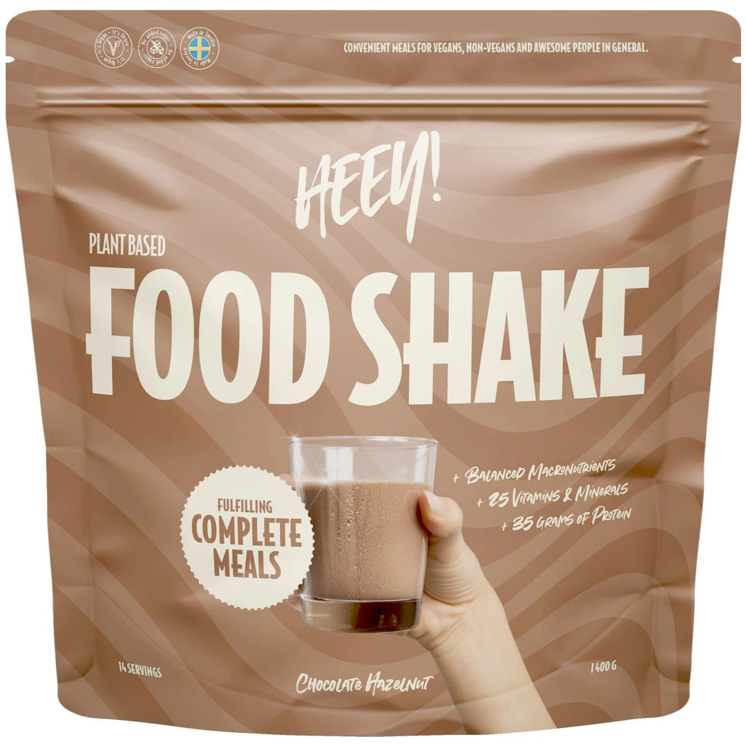 Heey! Food Shake 1.4 kg vegansk måltidsersättning i en brun påse för smaken Chocolate Hazelnut.