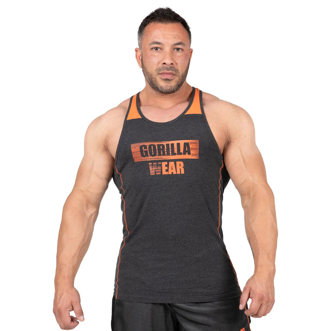 Gorilla Wear Wallace Tank Top Grey Orange, ett mörkgrått träningslinne i bomull med orange bröstlogotyp., bild 1 av 8
