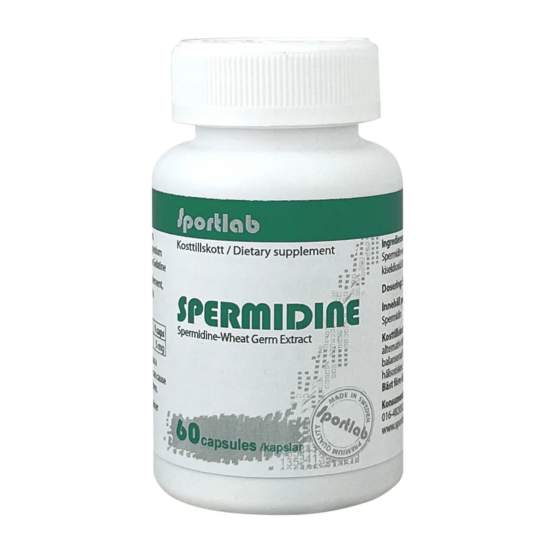 Sportlab Spermidine 60 caps, kosttillskott förpackat i en vit plastburk med gröna detaljer och logga.