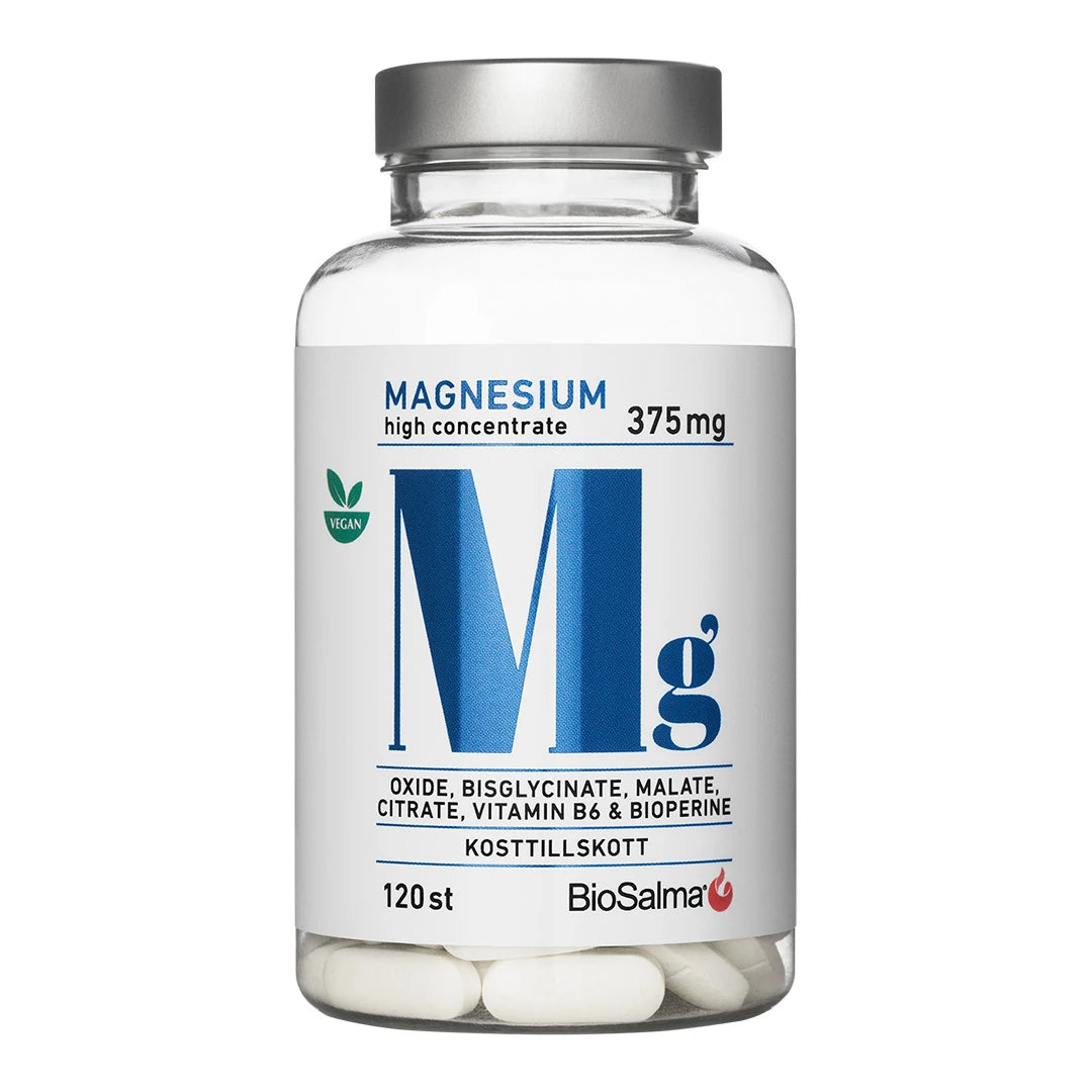 BioSalma Magnesium 375 mg 120 tabs i en transparent burk med vit etikett och blå text.