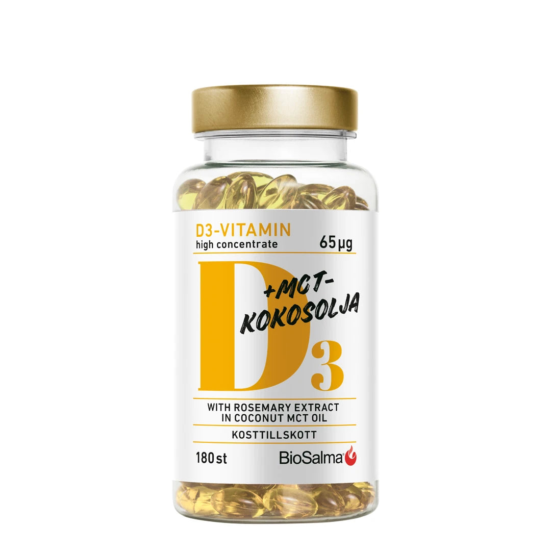 BioSalma D3 Vitamin 65 µg+ MCT 180 caps i en transparent burk med guldlock och vit etikett, fylld med gula kapslar.