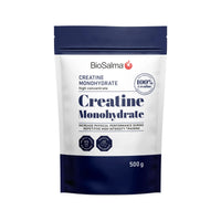 BioSalma Creatine Monohydrat 500 g kreatinpulver förpackad i en vit och mörkblå påse.