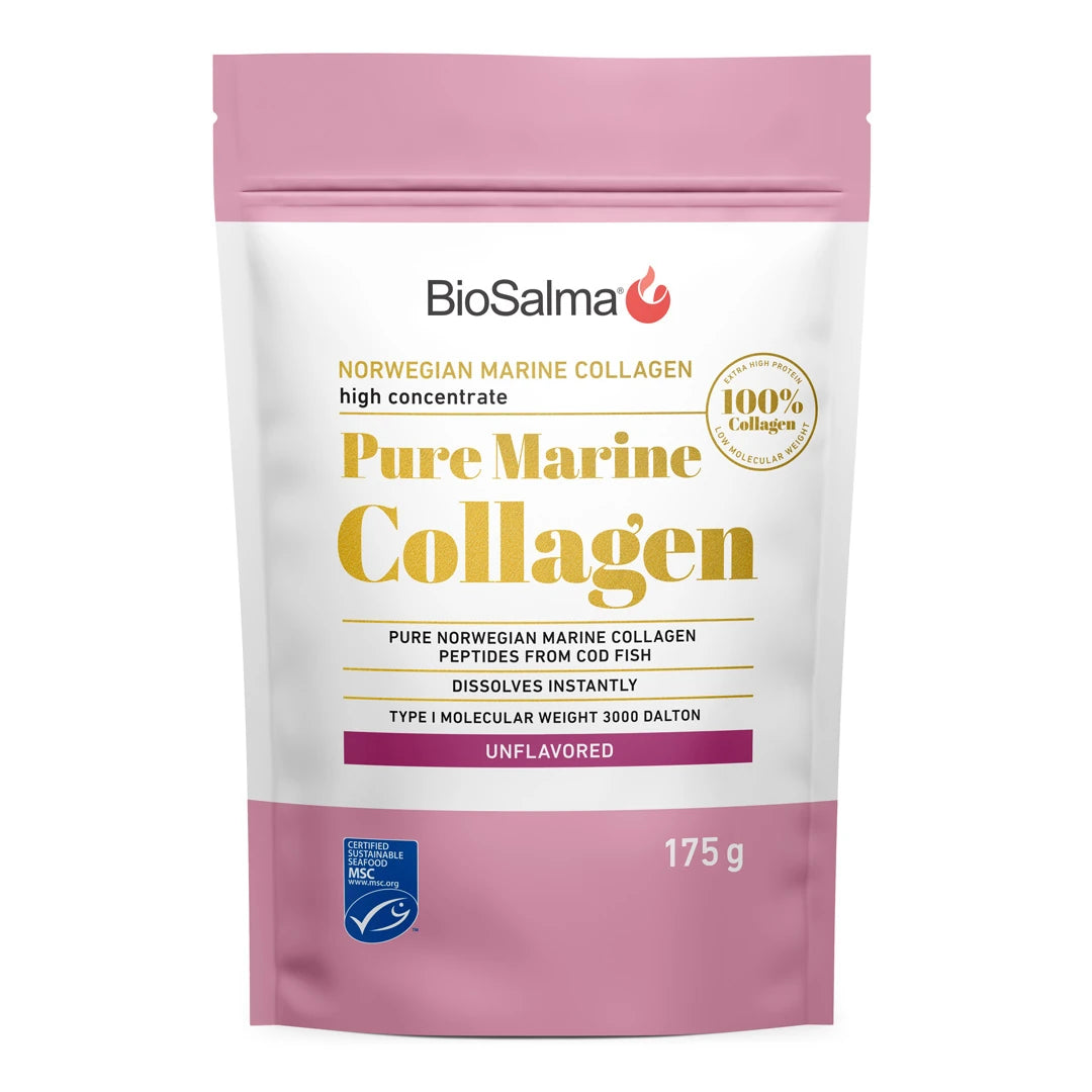 BioSalma Pure Norwegian Marine Collagen 175 g förpackad i en vit påse med rosa detaljer och guldtext.