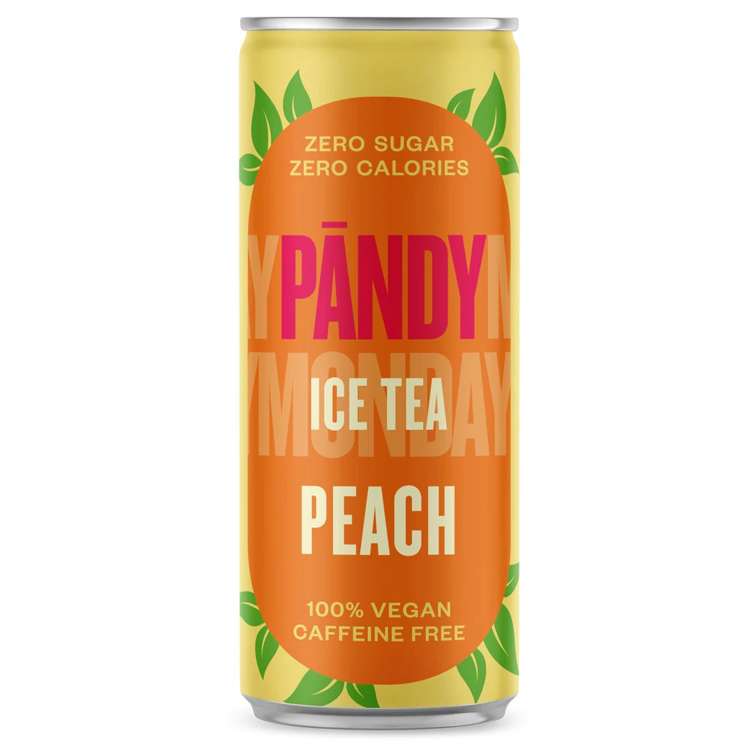 Pändy Ice Tea 330 ml sockerfritt iste i en gul och orange burk för smaken Peach.