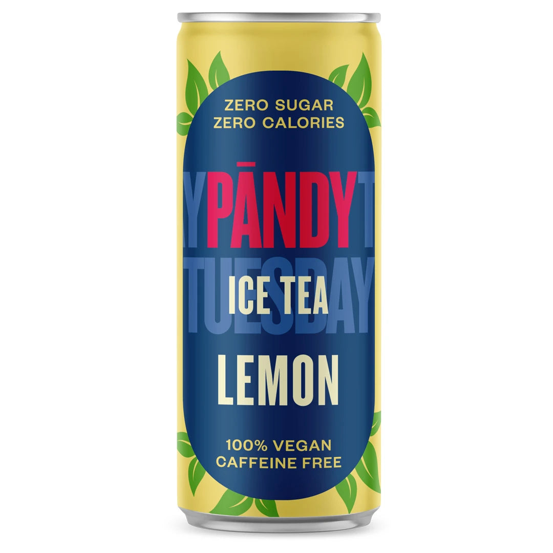 Pändy Ice Tea 330 ml sockerfri och koffeinfri iste i en gul burk med blå detaljer för smaken Lemon.