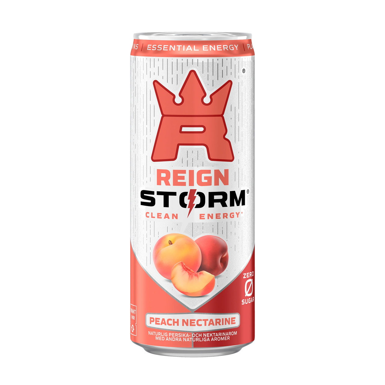 Reign Storm Energy 355 ml energidryck i en vit burk med röda detaljer för smaken Peach Nectarine.