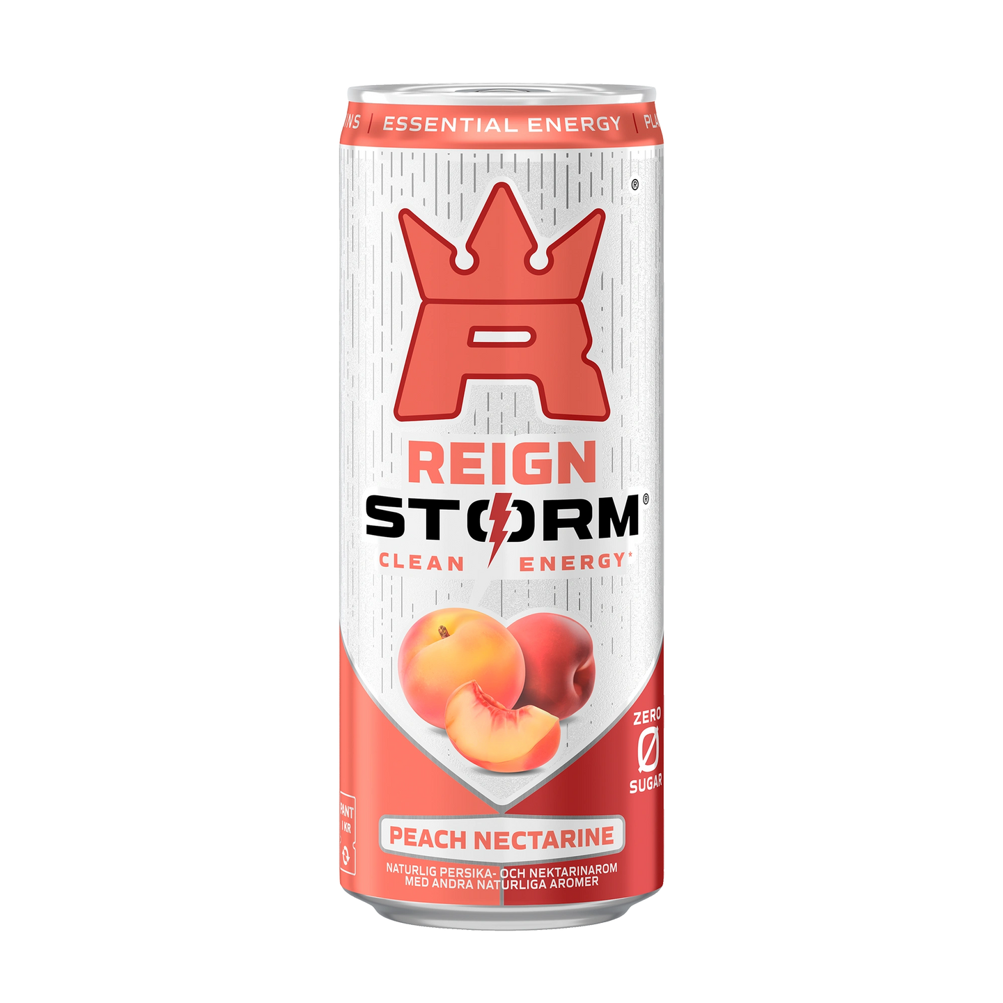 Reign Storm Energy 355 ml energidryck i en vit burk med röda detaljer för smaken Peach Nectarine., bild 1 av 5