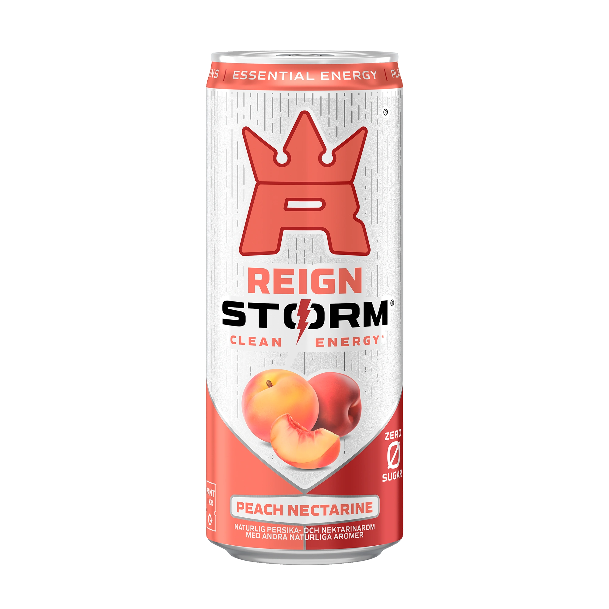 Reign Storm Energy 355 ml energidryck i en vit burk med röda detaljer för smaken Peach Nectarine., bild 1 av 5