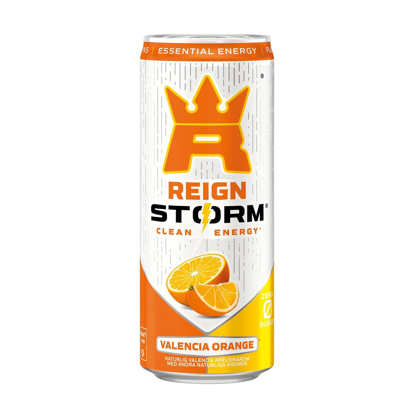 Reign Storm Energy 355 ml i en vit och orange burk med motiv av apelsiner för smaken Valencia Orange., bild 2 av 5