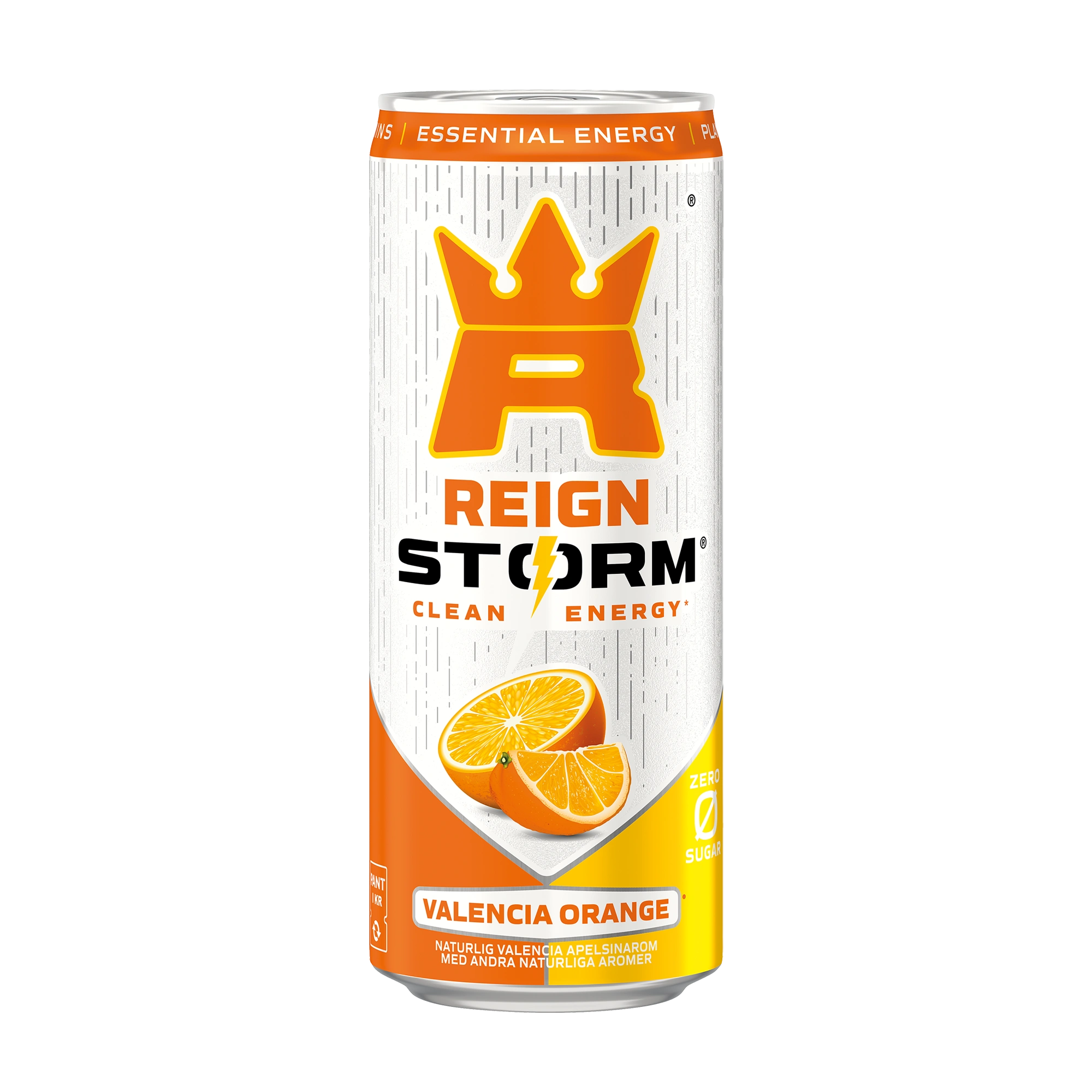 Reign Storm Energy 355 ml i en vit och orange burk med motiv av apelsiner för smaken Valencia Orange., bild 2 av 5