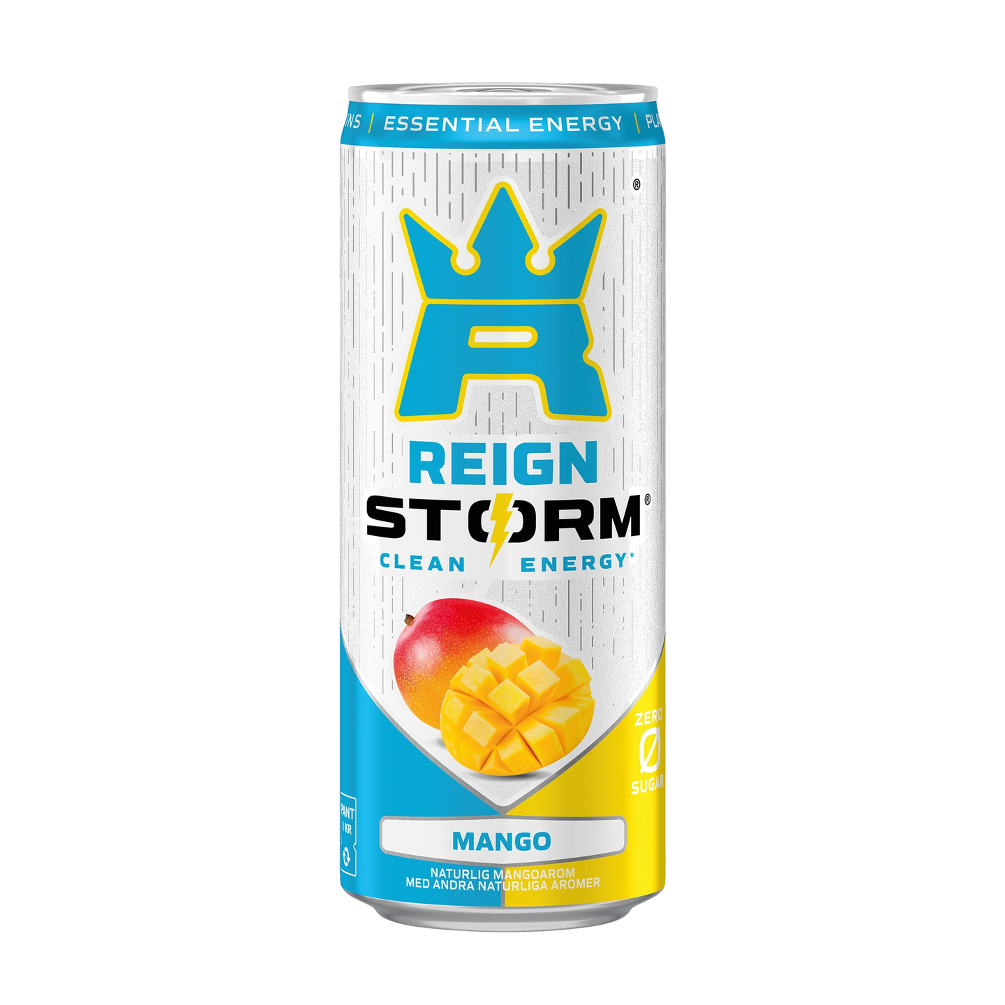 Reign Storm Energy 355 ml energidryck i en vit burk med blå och gula detaljer för smaken Mango., bild 4 av 5