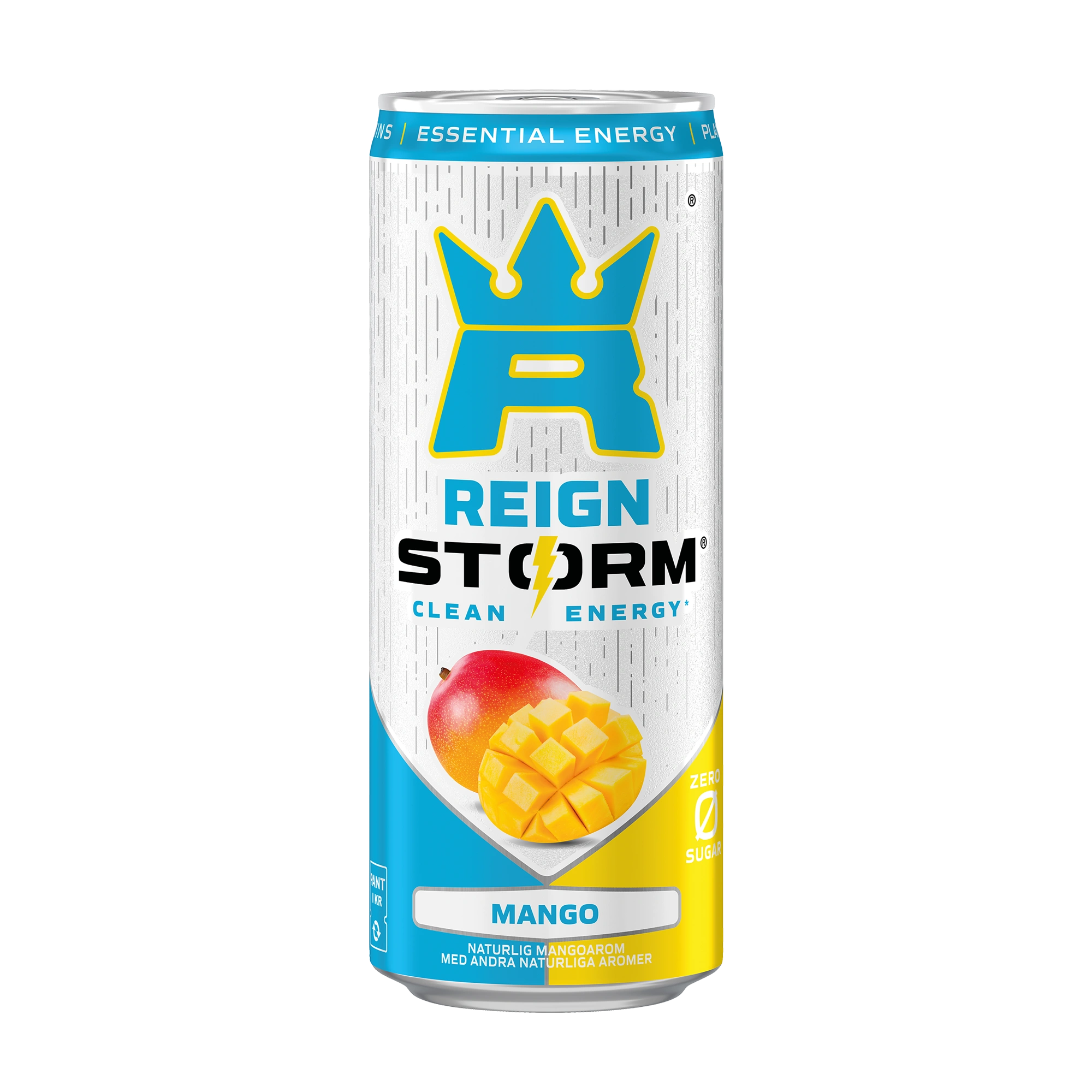 Reign Storm Energy 355 ml energidryck i en vit burk med blå och gula detaljer för smaken Mango., bild 4 av 5