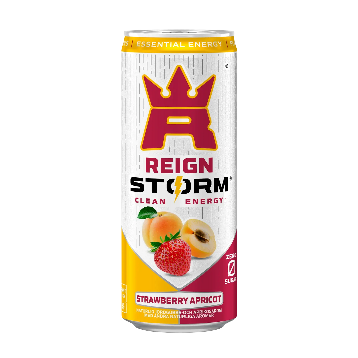 Reign Storm Energy 355 ml kolsyrad dryck i en vit, gul och röd burk för smaken Strawberry Apricot., bild 5 av 5