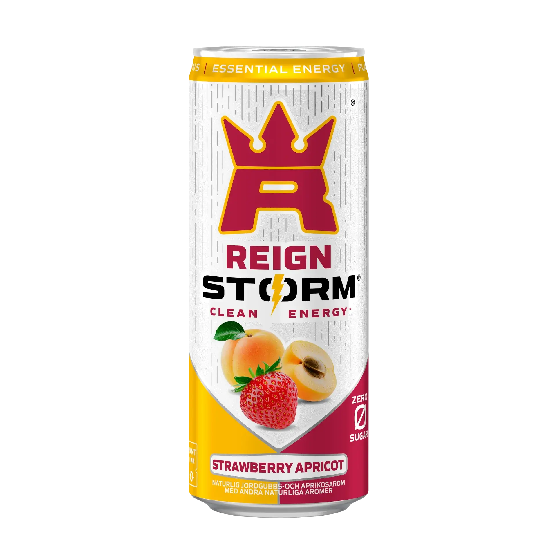 Reign Storm Energy 355 ml kolsyrad dryck i en vit, gul och röd burk för smaken Strawberry Apricot., bild 5 av 5