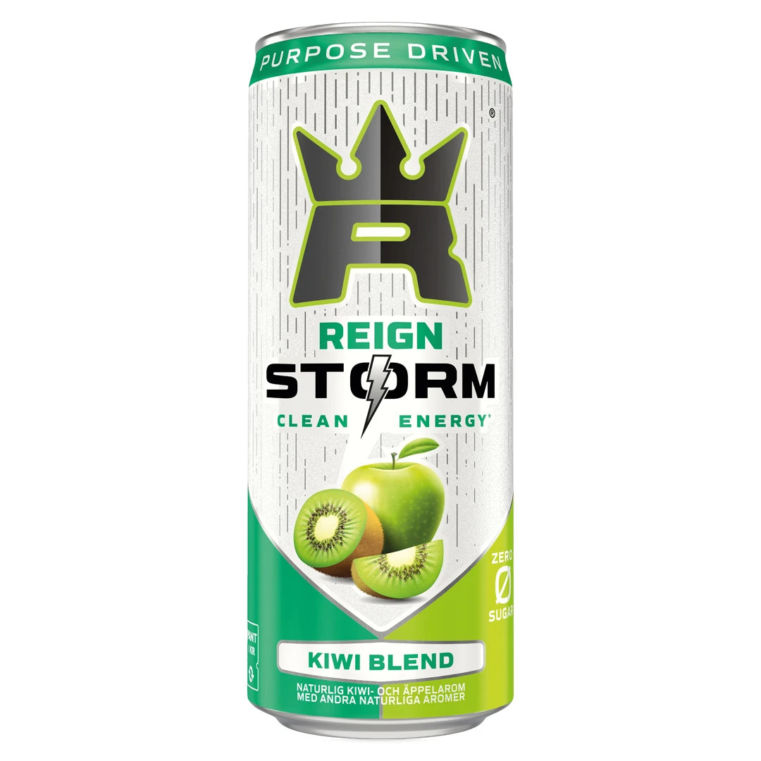 Reign Storm Energy 355 ml energidryck i smaken Kiwi Blend, silverfärgad burk med gröna detaljer och illustration av kiwi och grönt äpple.