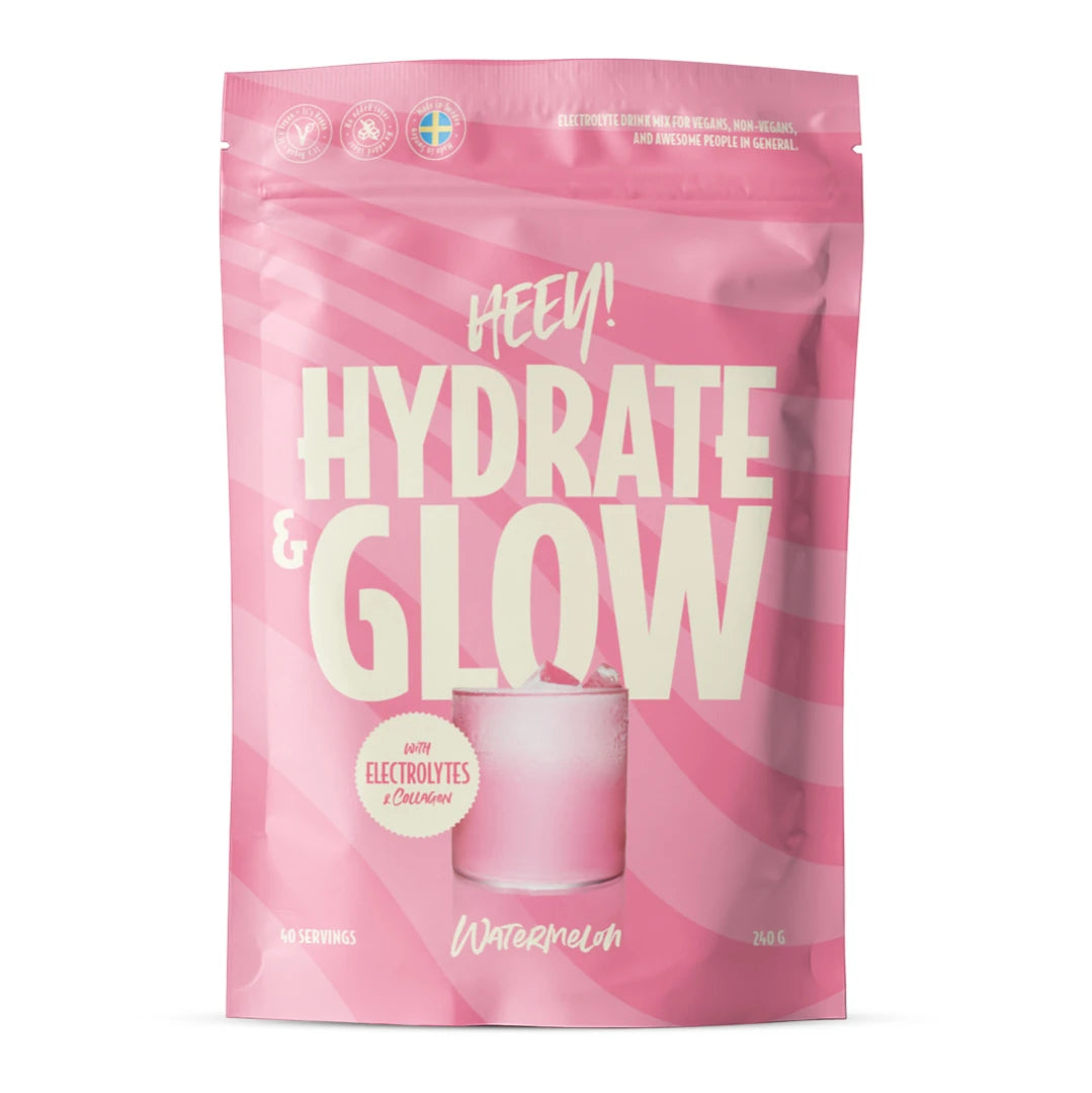 Heey! Elektrolyter + Coll-egan® 240 g elektrolytpulver i en rosa påse för smaken Watermelon.