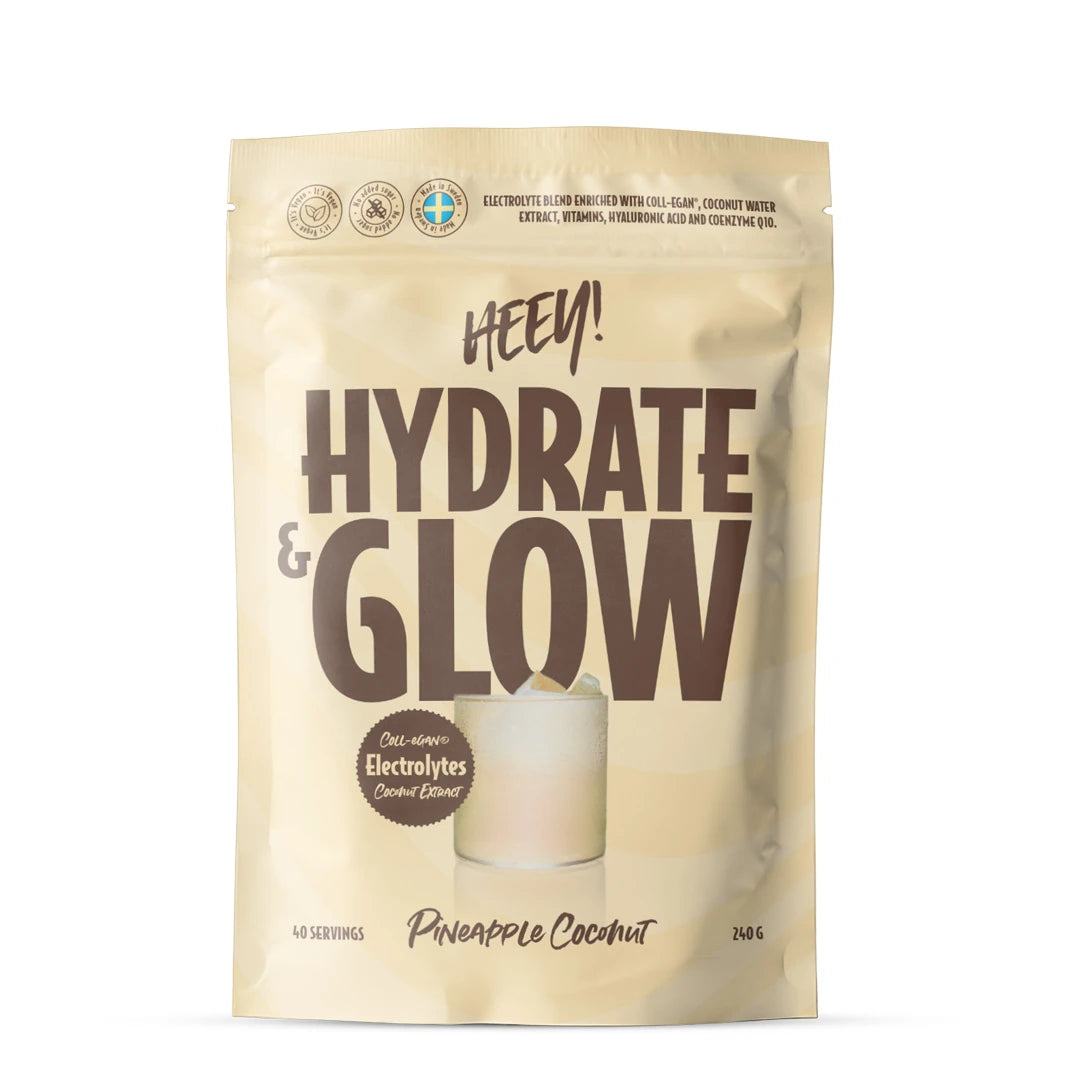 Heey! Elektrolyter + Coll-egan® 240 g elektrolytpulver i en beige påse med smaken Pineapple Coconut.