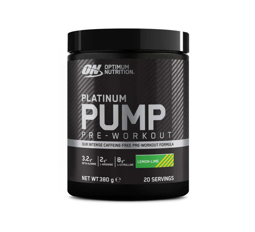 Optimum Nutrition Platinum PWO Pump 380 g koffeinfritt pulver i en svart burk för smaken Lemon Lime., bild 2 av 2
