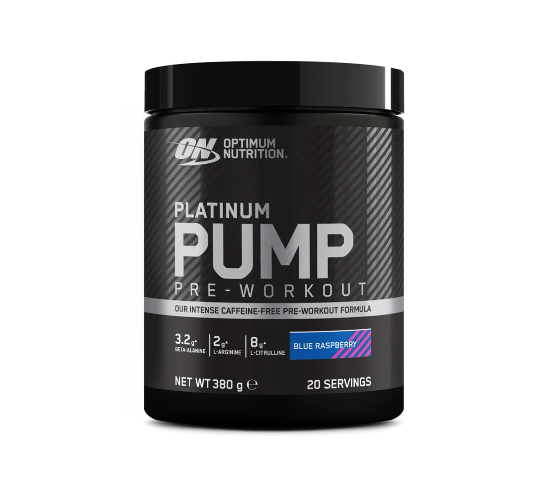 Optimum Nutrition PLATINUM PWO PUMP 380 g i en svart burk med silvriga detaljer för smaken Blue Raspberry.