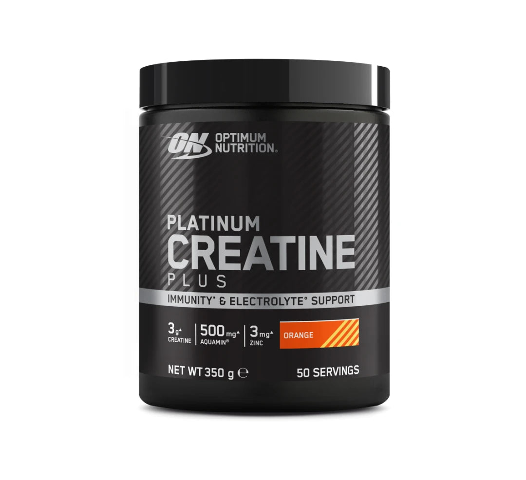 Optimum Nutrition Platinum Creatine Plus 350 g i en svart burk med silverdetaljer för smaken Orange., bild 2 av 2