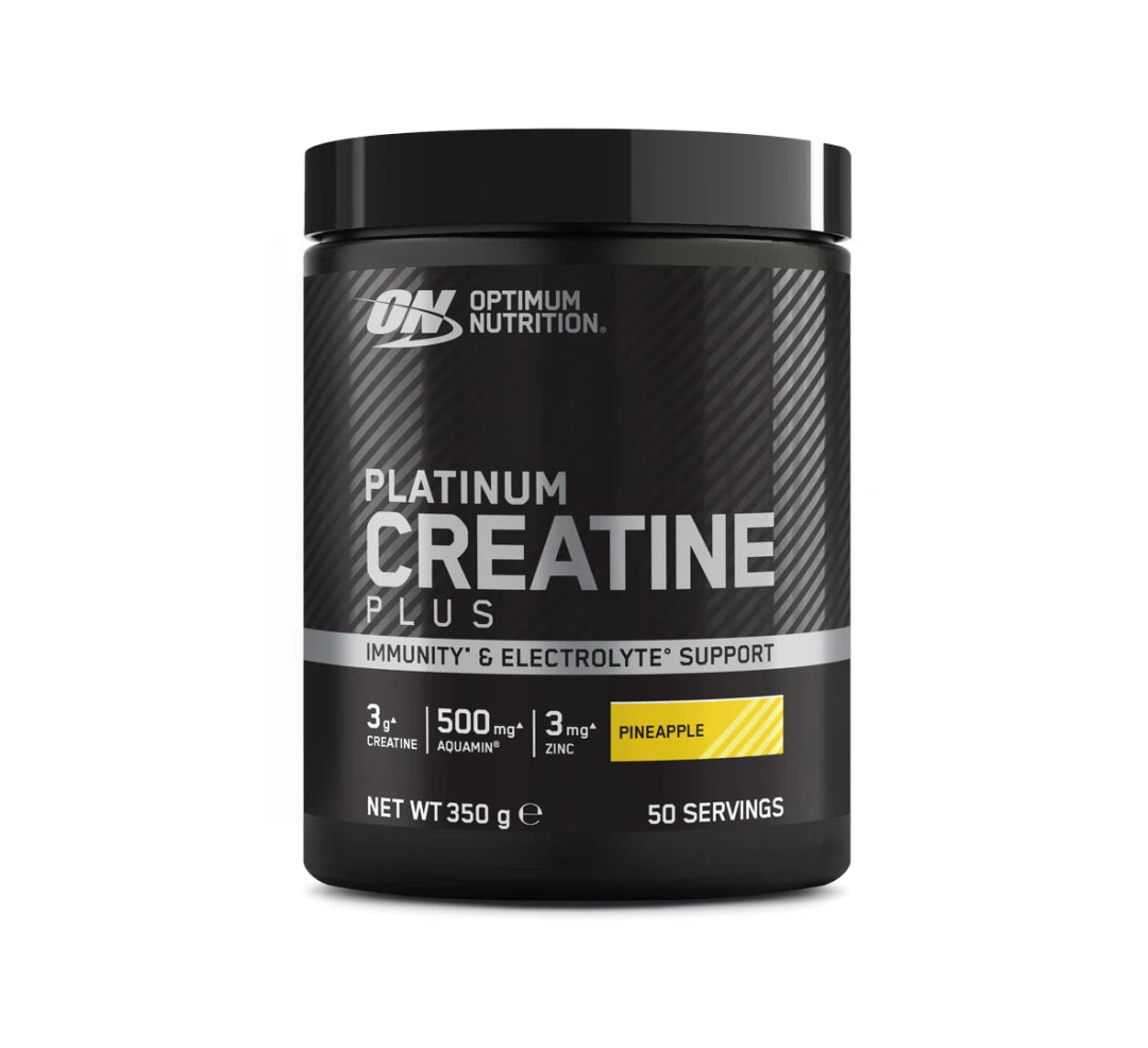 Optimum Nutrition Platinum Creatine Plus 350 g kreatinpulver i en svart burk med silvriga detaljer och ananassmak.