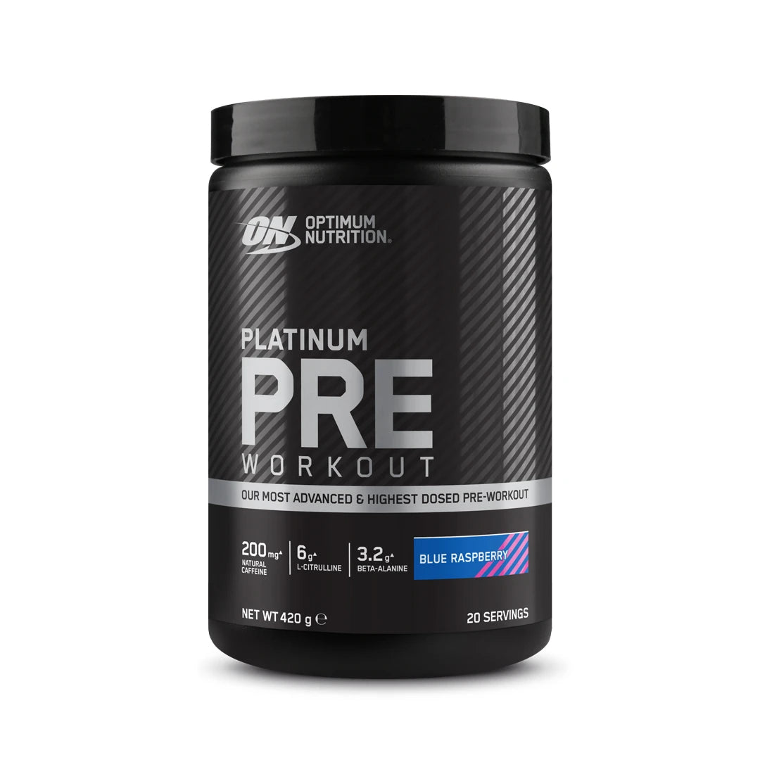 Optimum Nutrition Platinum Pre-Workout 420 g i en svart burk med silvriga detaljer för smaken Blue Raspberry., bild 2 av 3