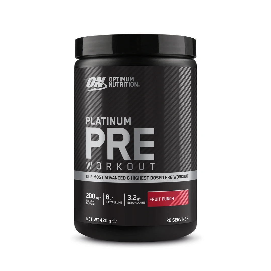 Optimum Nutrition PLATINUM PRE-WORKOUT 420 g pre-workoutpulver i en svart burk med silvrig text och smak av Fruit Punch.