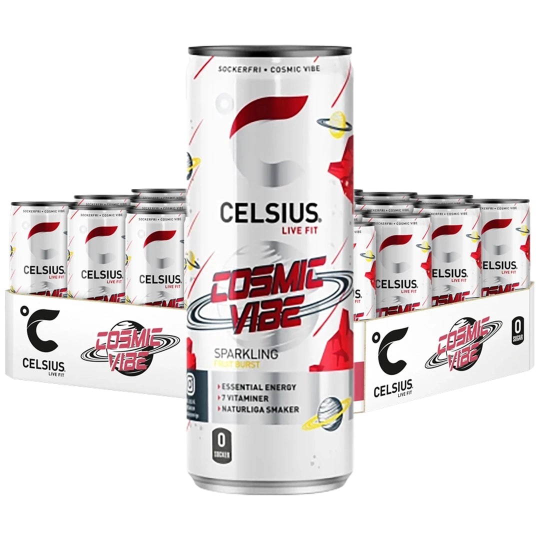 24 x Celsius 355 ml Cosmic Vibe i ett vitt flak med matchande energidrycksburkar med rymdtema och röda detaljer.