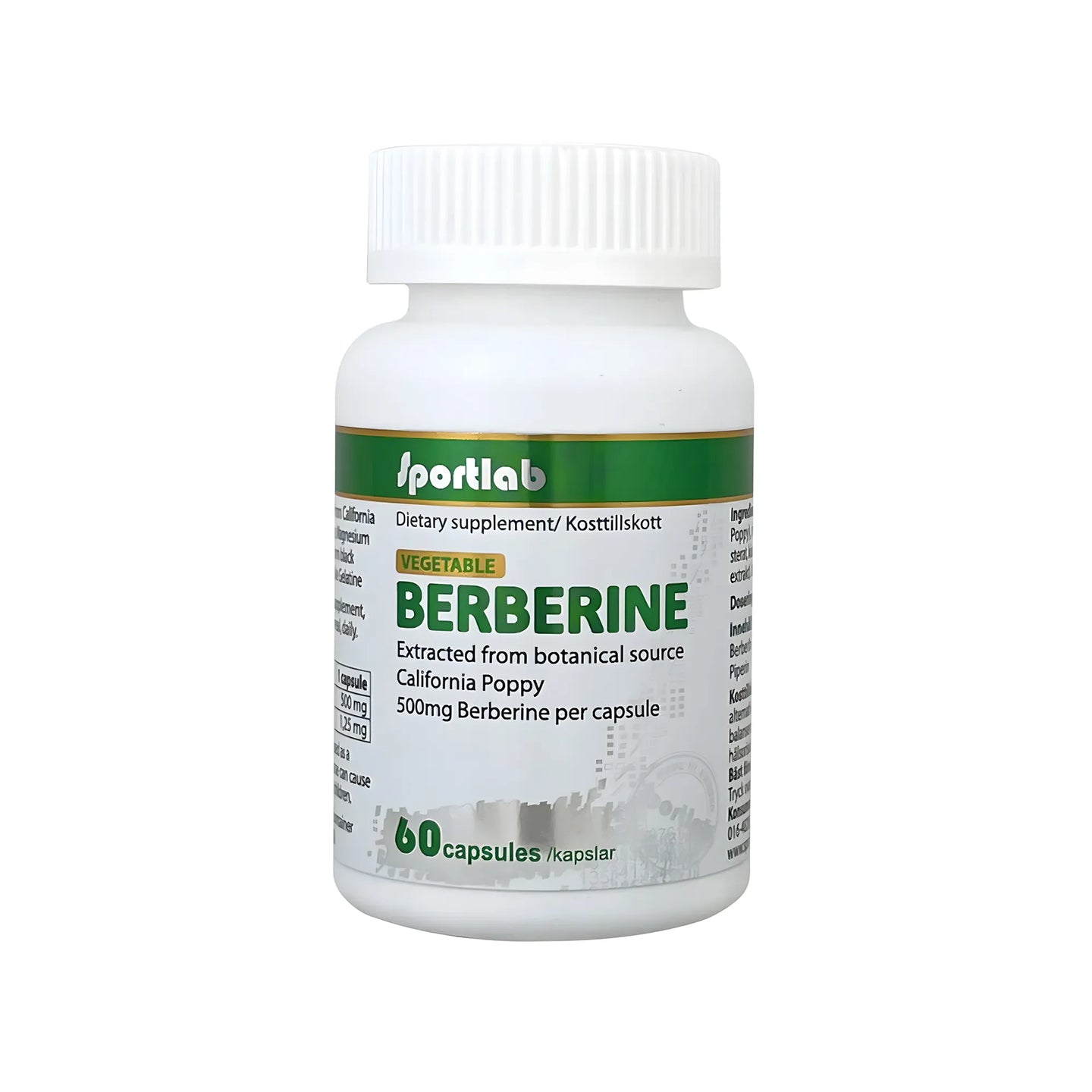 Sportlab Berberine 60 caps i en vit plastburk med gröna detaljer på etiketten.