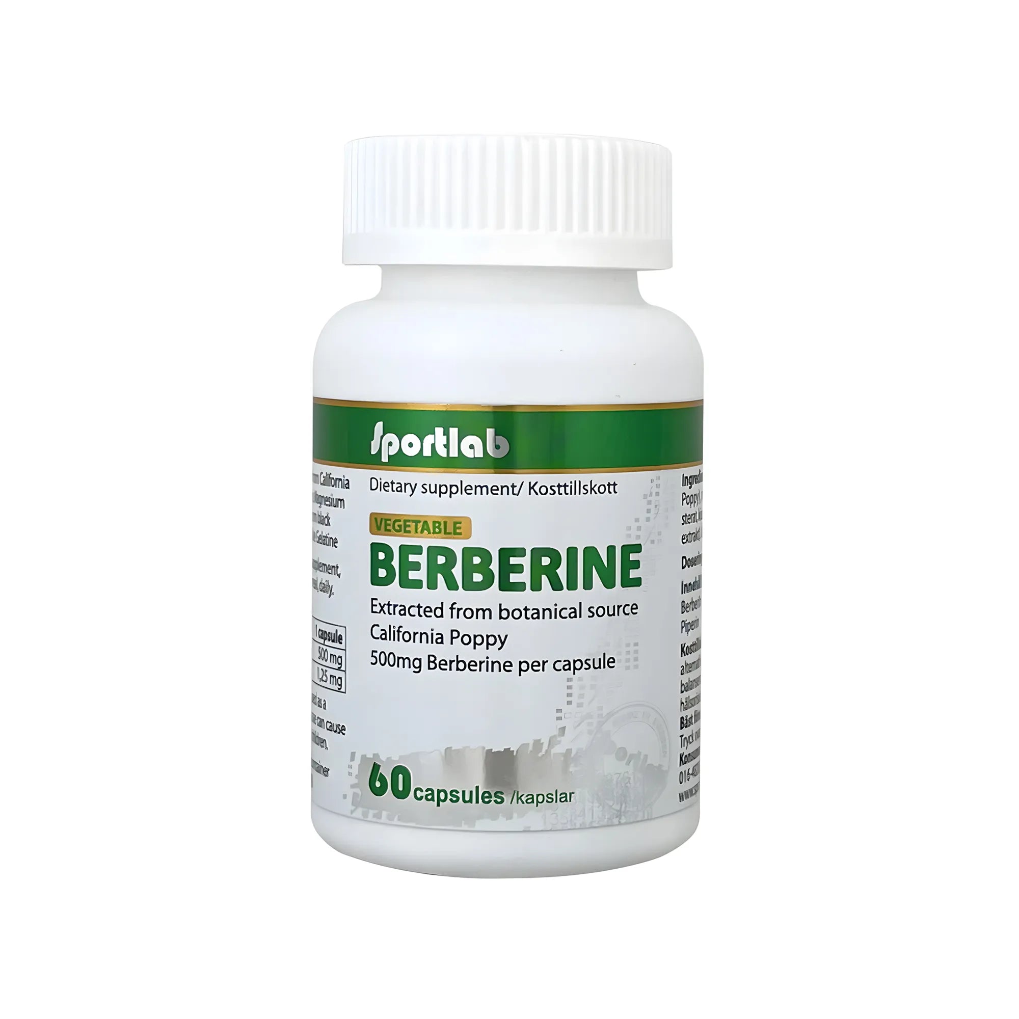 Sportlab Berberine 60 caps i en vit plastburk med gröna detaljer på etiketten.