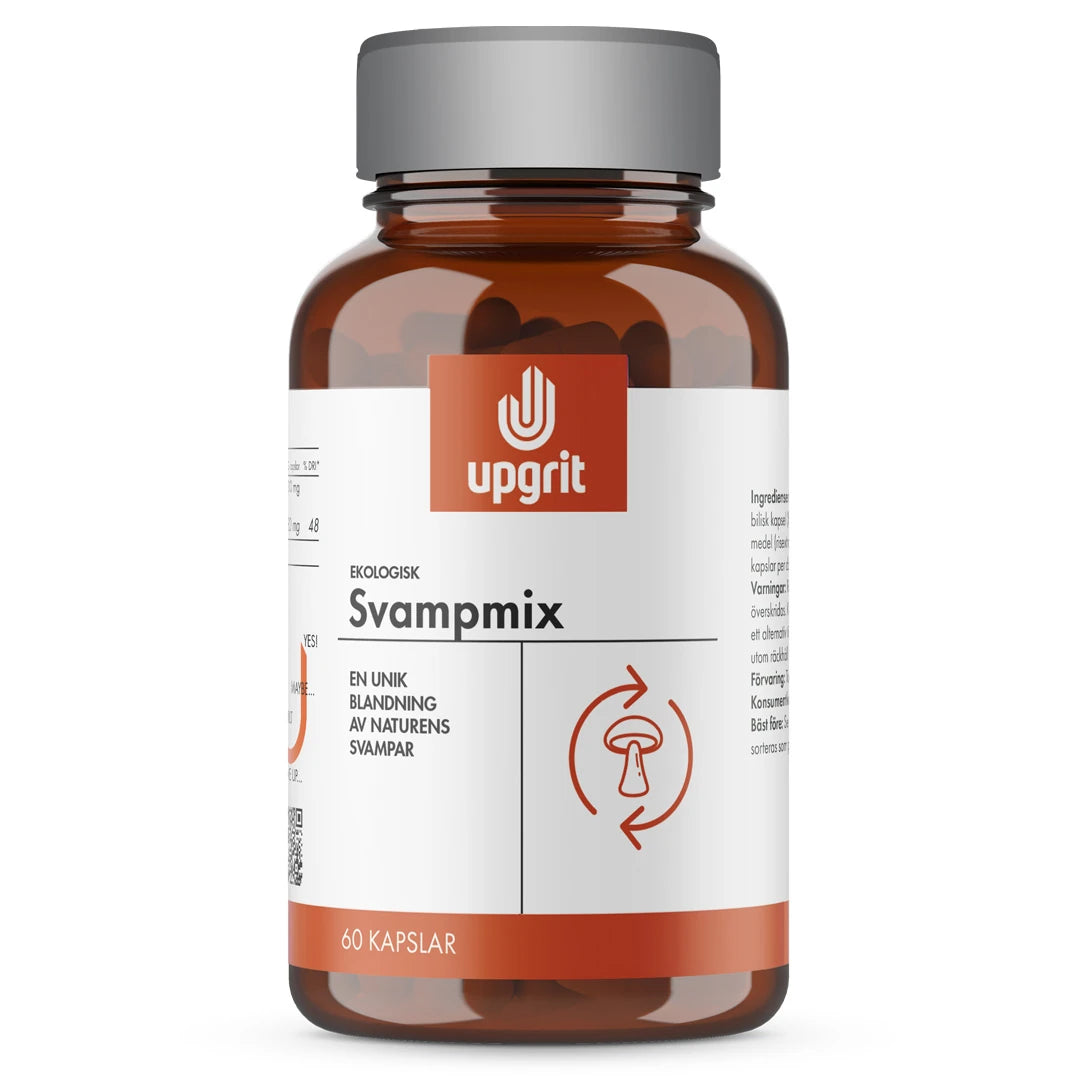 Upgrit Svampmix 60 kapslar kosttillskott i en brun glasburk med silverlock och en vit etikett med röda detaljer.