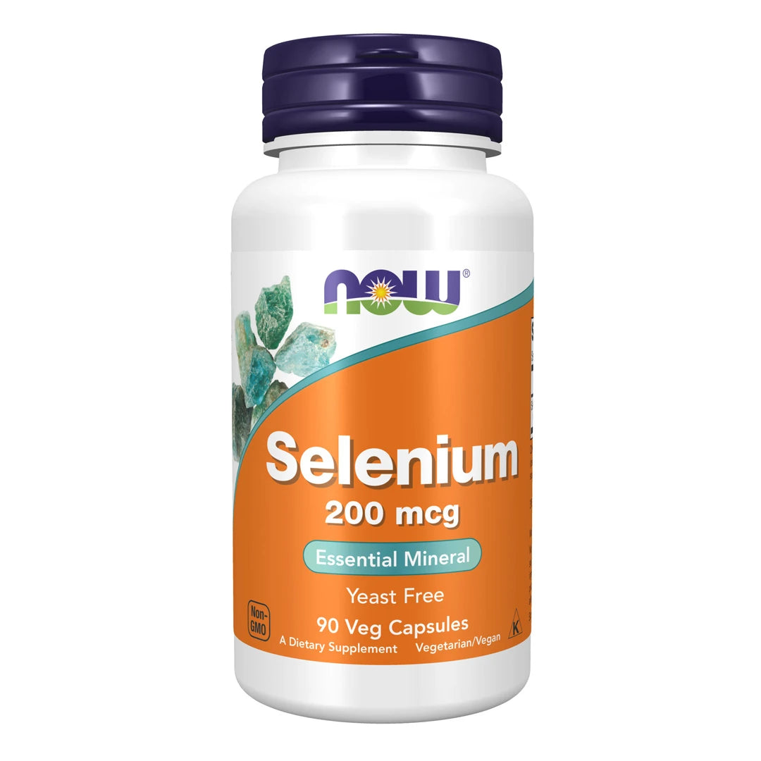 NOW Selenium 200mcg 90 vegkapslar kosttillskott, förpackad i en vit burk med orange etikett och mörkblått lock.