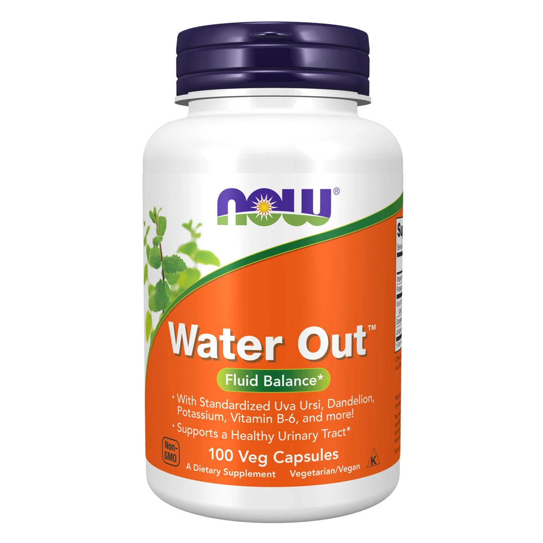 NOW Water Out™ 100 vegcaps vätskedrivande kosttillskott i en vit burk med orange etikett och mörkblått lock.