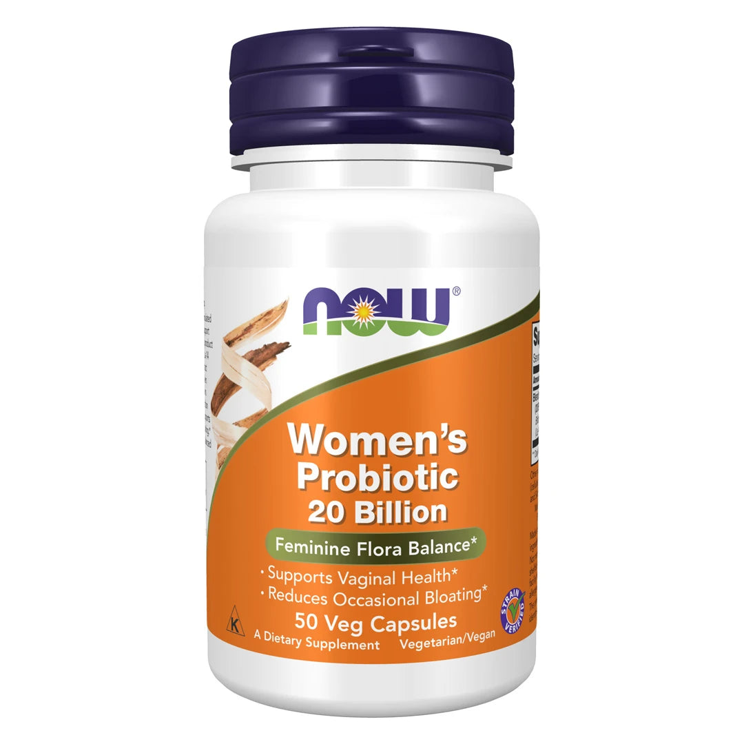 NOW Women's Probiotic 20 Billion 50 vegkapslar i en vit plastburk med orange etikett och mörkblått lock.