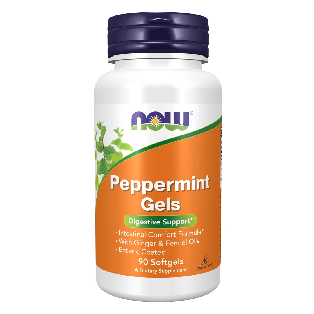 NOW Peppermint Gels 90 Softgels kosttillskott för matsmältning i en vit burk med lila lock och orange etikett.