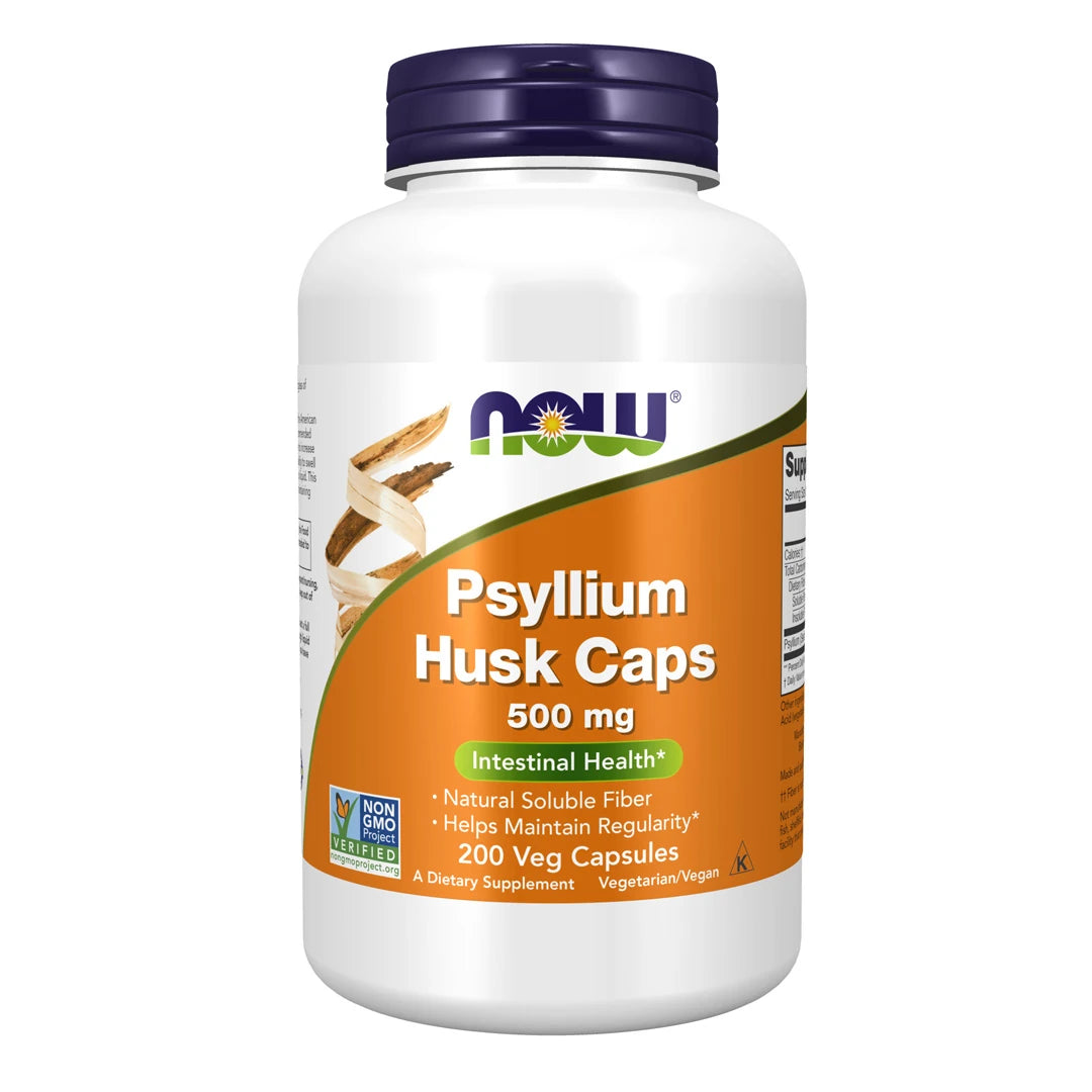 NOW Psyllium Husk Caps 500 mg 200 vegcaps kosttillskott i en vit burk med orange etikett och mörkblått lock.