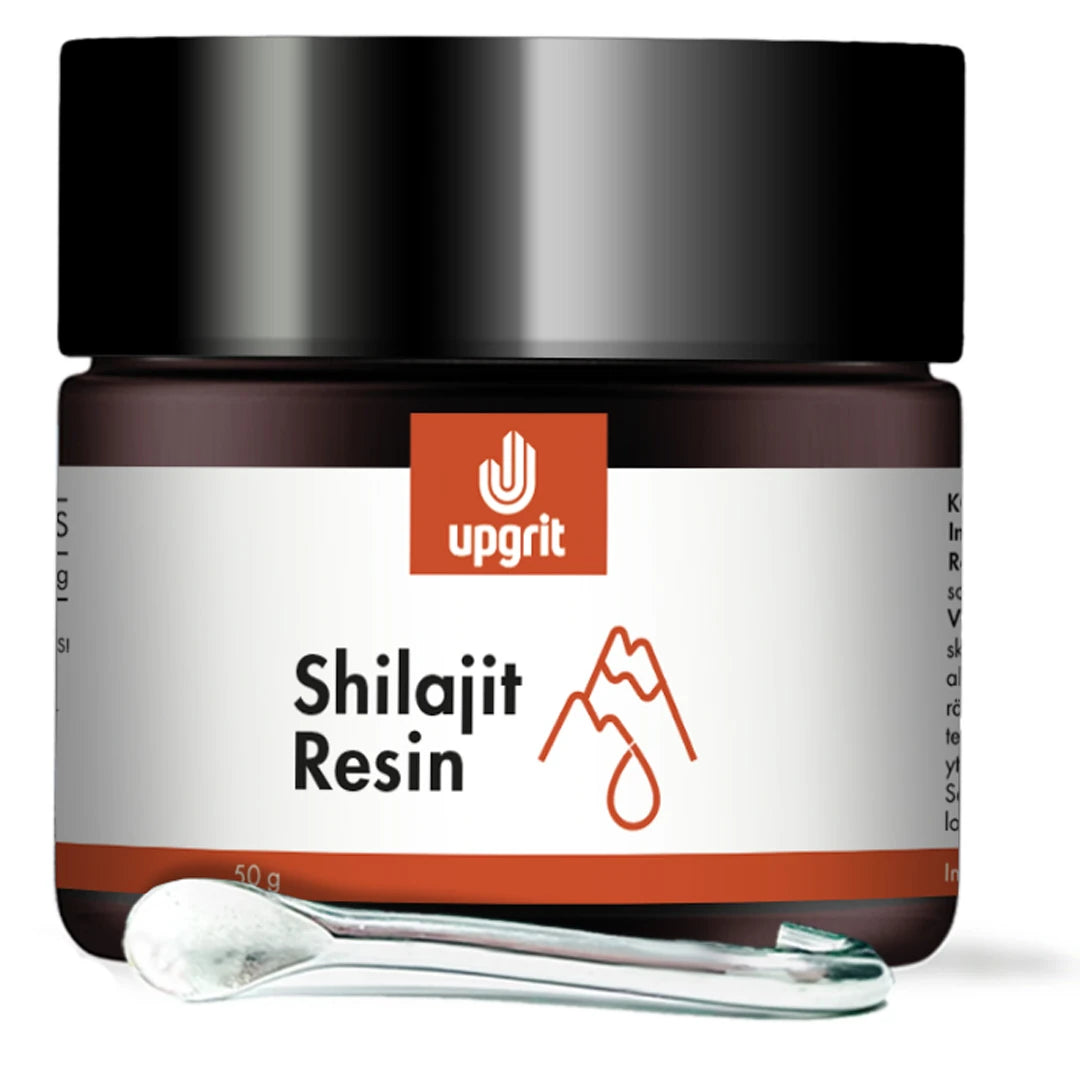 Upgrit Shilajit Resin 50 g i en mörkbrun burk med svart lock och en medföljande liten sked.