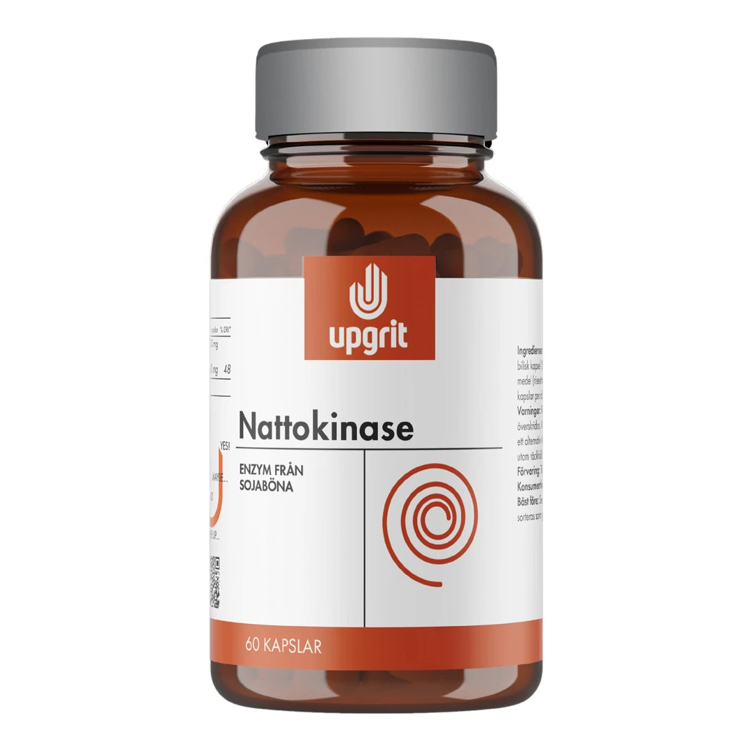 Upgrit Nattokinase 60 kapslar förpackade i en brun burk med en vit och orange etikett samt ett grått lock.