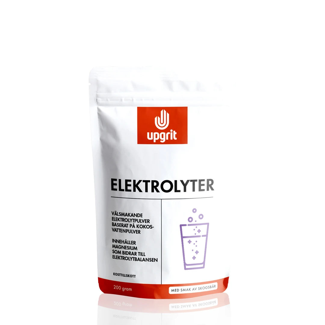Upgrit Elektrolyter 200 g elektrolytpulver i en vit påse med röda detaljer för smaken Skogsbär.
