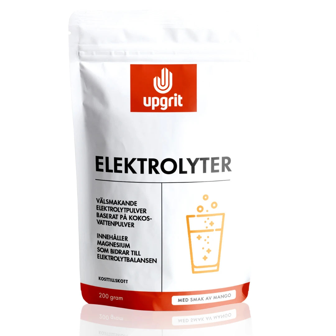 Upgrit Elektrolyter 200 g elektrolytpulver i en vit påse med orange detaljer för smaken Mango., bild 2 av 2
