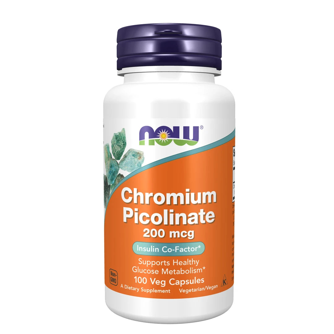 NOW Chromium Picolinate 200 mcg 100 vegcaps kosttillskott i en vit plastburk med lila lock och orange etikett.